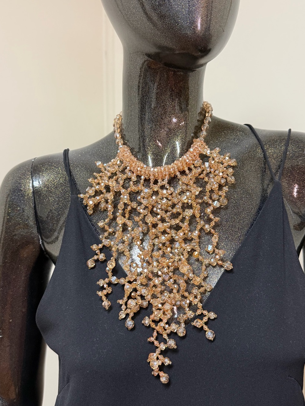 Champagne Gold crystals Beaded Fringe Statement Necklace